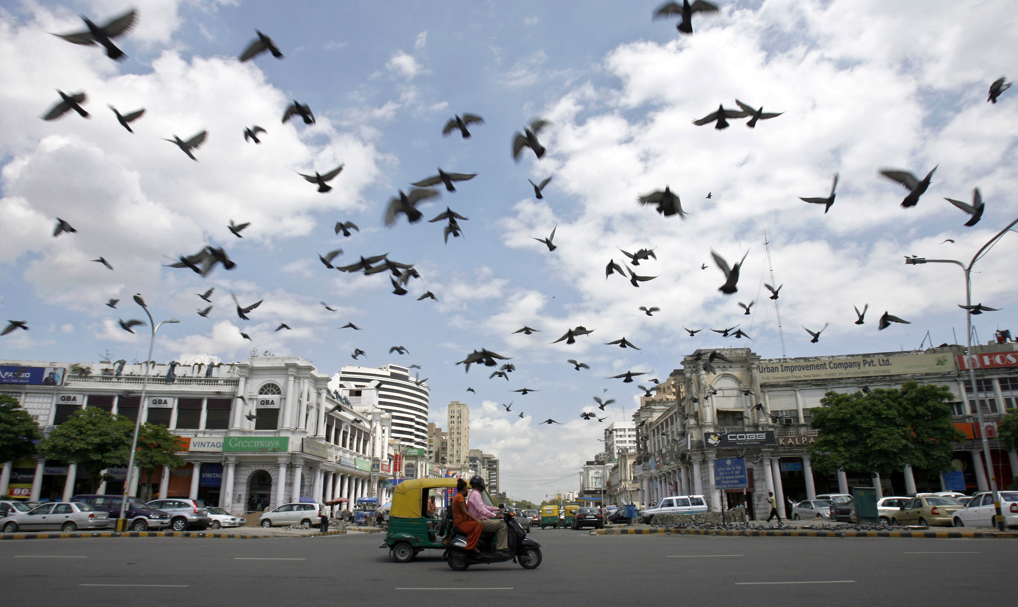 Pigeons fly as clouds gather over New Delhi's Connaught Place July 16, 2009. India's monsoon rains were six percent above normal in the week to July 15, rebounding after a prolonged weak patch, the weather office said on Thursday. REUTERS/Buddhika Weerasinghe (INDIA ENVIRONMENT ANIMALS SOCIETY) - RTR25Q0L