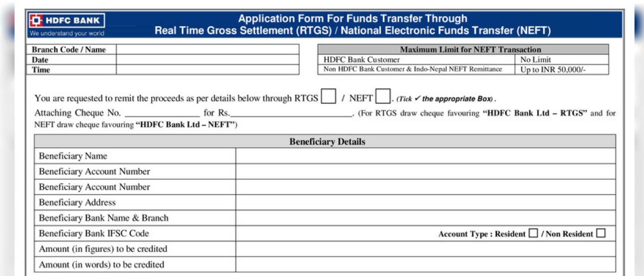 Download Now HDFC RTGS Form